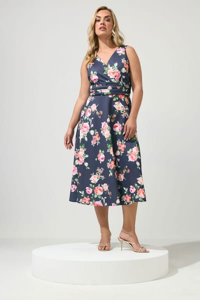 Yours London Marineblauwe Midijurk Met Bloemenprint Size 42