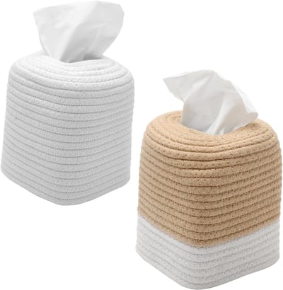 Set van 2 Moderne Tissueboxen van Katoen met Touw, Stijlvolle Doos voor Cosmetische Doekjes, Praktische Dispenser voor Woonkamer, Slaapkamer en Kantoor, Decoratieve Oplossing voor Thuisgebruik