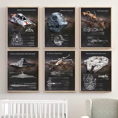 Film poster - Star Wars poster set - 6 posters - 30x40 cm - Ruimte schepen en blueprint stijl - Zonder lijst - Wanddecoratie slaapkamer gamekamer - Sci fi posters - Vader - Luke skywalker - han solo - trendy
