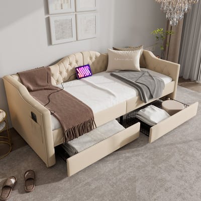 DESMIU Gestoffeerd Bed 90x200cm – Slaapbank met USB- En Type-C Laadfunctie – Met 2 Lades En Opbergruimte – Voor Kinderkamer En Logeerkamer – Fluweel – Beige Zonder Matras