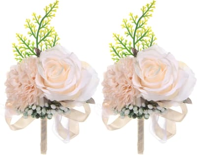 Kunst Rozen Boutonnieres - Stof Corsages - Feestelijke Outfits - Handgemaakt met Groen - 15 x 10 cm - Naakt Roze
