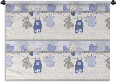 Wandkleed - Wanddoek - Baby kleren - Waslijn - Teddybeer - Patroon - 120x90 cm - Wandtapijt