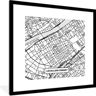 Fotolijst incl. Poster Zwart Wit- Levallois-Perret - Stadskaart - Plattegrond - Kaart - Frankrijk - Zwart wit - 40x40 cm - Posterlijst