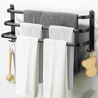 Handdoekrek mat zwart - badkamer handdoekstang met haakdesign - wand handdoekhouder - 50 cm drie stangen