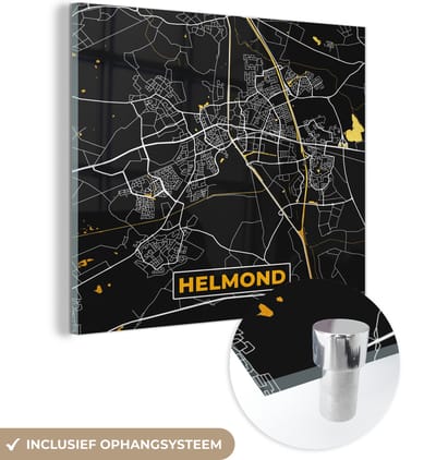 MuchoWow® Glasschilderij 50x50 cm - Schilderij acrylglas - Plattegrond - Helmond - Goud - Zwart - Foto op glas - Schilderijen - Stadskaart