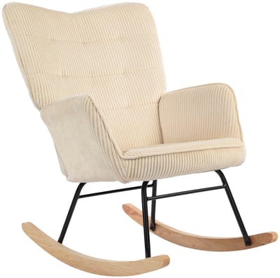 Merax Schommelstoel Met Armleuningen - Ribstof Look Relaxfauteuil Met Houten Schommellatten - Beige - 71 x 98 x 101 cm - Belastbaar Tot 120 kg