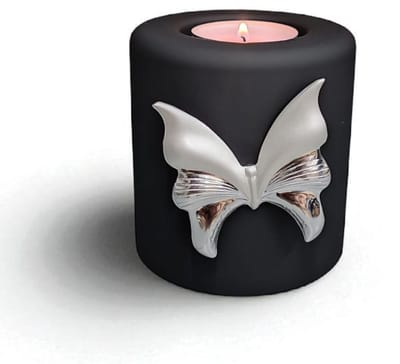 Mini Urn met kaarshouder - Glas - Handgemaakt - Zwart / Zilver - 180 ml - Urn voor mensen - Urn voor dieren - Incl. deksel, kaarsje & aszakje - verzilverde vlinder (.925)