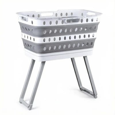 Stervia Verhoogde Wasmand - Wasmand Met Standaard - Opvouwbare Wasmand - 43 Liter - Geventileerd - Grijs/Wit - 60 x 40 x 65 cm