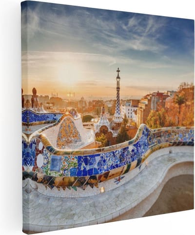 Artaza Canvas Schilderij Barcelona - 30x30 cm - Klein - Wanddecoratie Skyline - Muurdecoratie Mozaiek - Kamer Accessoires Zon