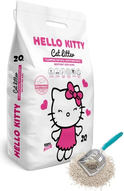 HELLO KITTY 20LT FIJNKORRELIG WIT BENTONIET BABYPOEDER KATTENBAKVULLING