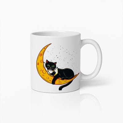 Zwarte Kat op Maan Witte Mok – Mystiek Kosmisch Kattenontwerp – 330 ml Hekserige Koffiebeker