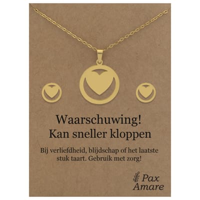 Stainless Steel Hartje Ketting + Oorbellen Setje op Cadeau Kaartje - Waarschuwing! Kan sneller kloppen - 45 cm ketting & ± 10x10mm Oorknopjes - Goudkleurig Roestvrij Staal - Pax Amare