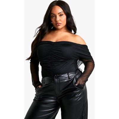 boohoo Dames Plus Gerimpelde Voorkant Bardot Lange Mouw Top | Black | Maat: 16