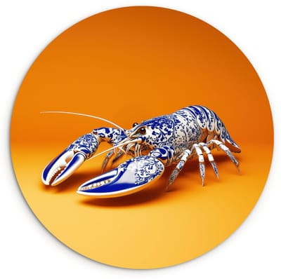 WallCircle® Wandcirkel 30x30 cm - Muurcirkel Kreeft - Delftsblauw - Schild - Stoer - Oranje - Muurdecoratie woonkamer - Wanddecoratie keuken - Kamer decoratie accessoires - Ronde schilderijen