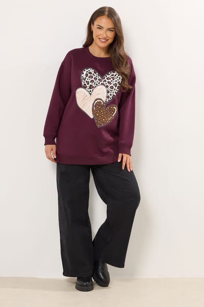Yours Bordeauxrode Triple Heart Print Sweatshirt Size 46