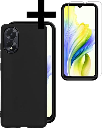 Hoesje - Met Screenprotector - Geschikt voor OPPO A38 - Sterk & Shockproof - Back Cover - Siliconen Case - Telefoon Hoes - Telefoonhoesjes - Zwart