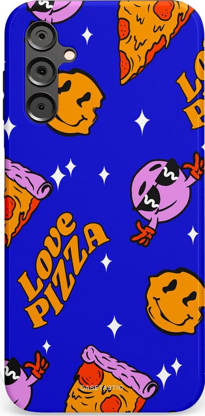 Casetastic hoesje geschikt voor Samsung Galaxy A14 (2023) 5G / Samsung Galaxy A14 (2023) 4G - Dubbellaagse bescherming - Funky Pizza - Fashion Case - Paars Okergeel Donkerblauw Bruin