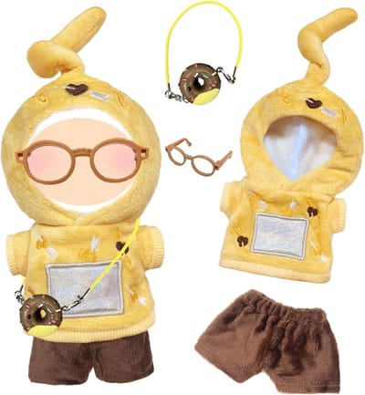 Kleding voor 17 cm Pluche Poppen, Gele Jurk, Bruine Bril en Chocolade Donut Schoudertas, Pop Niet Inclusief, Speelgoedaccessoires voor Kinderen