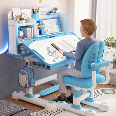 Kinderbureau Stoelset - Studie Meubels - Leren en Creëren - 50° Kantelbaar Bureau - 80cm Breed - Blauw