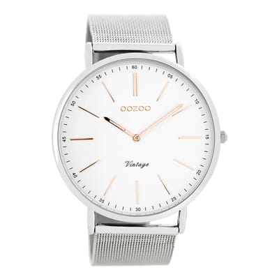 OOZOO Timepieces - Zilverkleurige horloge met zilverkleurige metalen mesh armband - C7381