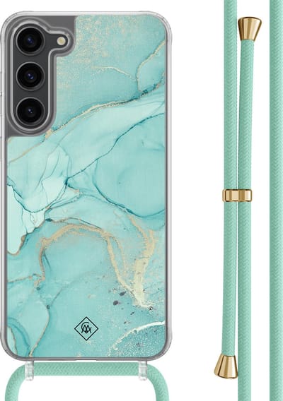 Casimoda® hoesje met mintgroen koord - Geschikt voor Samsung S23 Plus - Marmer mint groen - Afneembaar koord - TPU/polycarbonaat - Mint