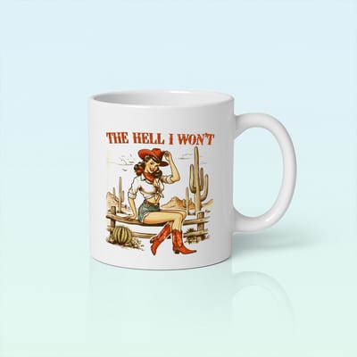 330ml Vintage Cowgirl Mok met 'The Hell I Won't' Tekst - Retro Westerse Koffiebeker