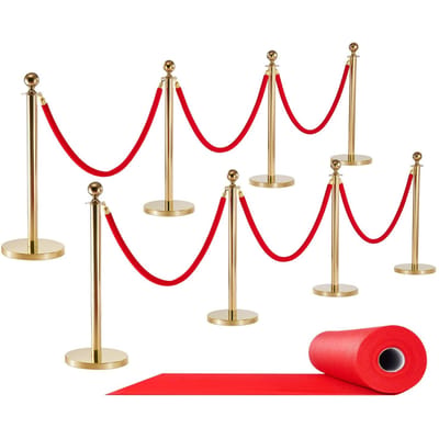 Poteau de guidage, Lot de 8 barrières de contrôle de foule avec tapis rouge, 6 cordes en velours rouge, Poteau de guidage doré en acier inoxydable pour file d'attente avec base creuse pour
