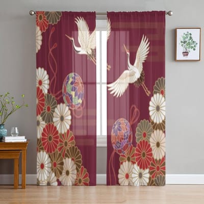 Kraan Vogel Rozerode Hortensia Transparante Gordijnen voor Woonkamer Transparant Tule Raamgordijn Slaapkamer Keuken Huisdecoratie Sluier Draperieën 135W x 114H(cm) brown