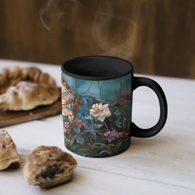 Magische Mok - Foto op Warmte Mokken - Koffiemok - Libelle - Mozaïek - Bloemen - Kleurrijk - Magic Mok - Beker - 350 ML - Theemok
