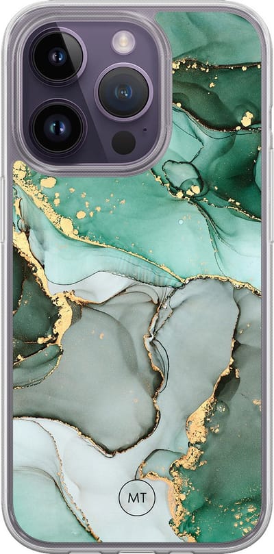 Hybride hoesje geschikt voor iPhone 14 Pro - Marble Design - Extra bescherming - Luxe beschermhoes - TPU case - Transparant, Grijs, Groen - Mooie Telefoonhoesjes