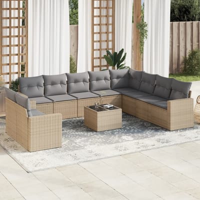 vidaXL 11-delige Tuinset met kussens poly rattan beige