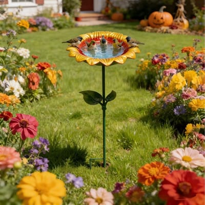 Vogelbad -Zonnebloem Vogelbadje - Metalen Bloem - Ondiepe Schaal Voor Water/Bad/Voer - Voor Tuin/Terras/Pot - Met Grondvork + Bladeren - Voor Vogelliefhebbers - Geel Met Rode Binnenrand - Hoogte 60cm (Schaal 20cm) - 1 Stuk