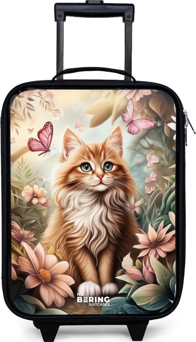 NoBoringSuitcases.com® - Kinderkoffer jongen - Kindertrolley meisje - Kat in bloemenveld met roze vlinders. - Koffer kind lichtgewicht - Reiskoffer trolley voor kinderen - Koffertje met lichtgevende wieltjes - Rolkoffer zwart