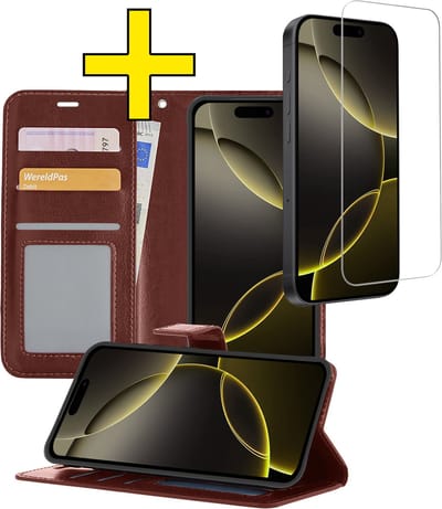 Hoesje - Met Screenprotector - Geschikt voor Apple iPhone 16 Pro - Luxe Pasjeshouder - Bookcase Portemonee - Flip Case - Kunstleer Book Case - Flipcase - Book Cover - Walletcase - Portemonneehoes - Telefoonhoesjes - Bruin