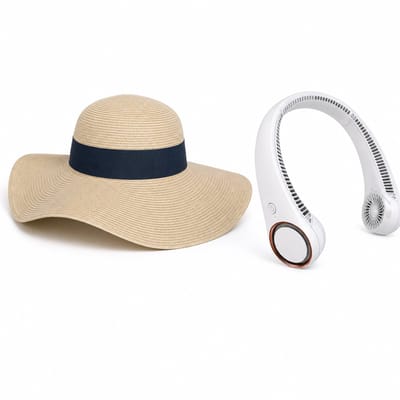 VHV - Zonnehoed en Ventilator Set - dames beige strandhoed met brede rand - Aparte nekventilator - Voor strand, vakantie, tuin