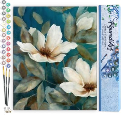 Figured'Art Schilderen op Nummer Volwassenen canvas Witte Bloem 2 - Handwerk acrylverf Kit DIY Compleet - 40x50cm zonder frame