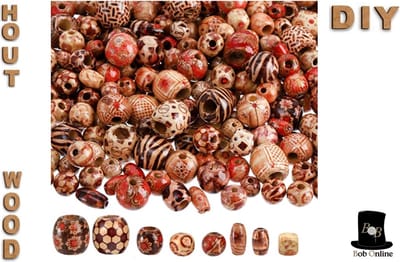 Bob Online ™ - ca. 100g (ca.180 Stuks) Mixed Maten & Ontwerpen - Bedrukte Houten Kralen – ± 100g (±180 Pcs) Mixed Sizes & Designs Printed Wooden Beads – Hobbykralen – Haarkrlalen – Hair Braiding Beads – DIY Sieraden Maken, Woondecoraties
