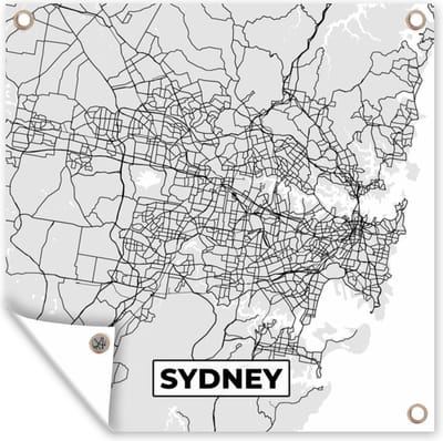 Tuin poster Sydney - Stadskaart - Plattegrond - Zwart Wit - Kaart - 200x200 cm - Tuindoek