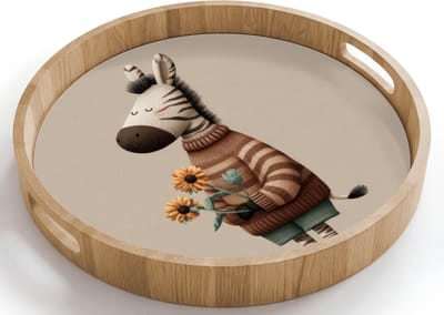 Dienblad rond 40x40 cm - Schootdienblad hout - Zebra - Zonnebloemen - Warm - Borrelplank rechthoek - Plateau houten dienbladen