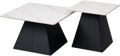 ExitoDesign MAVIA Serie - Witte Salontafelset - 2 Tafels - Kwartskomposiet Blad - Zwart Metalen Onderstel