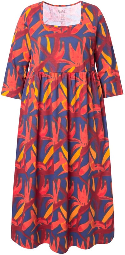 Ulla Popken - Dames - Jersey jurk A-lijn carréhals 3/4-mouw - Zwart - Maat 66+