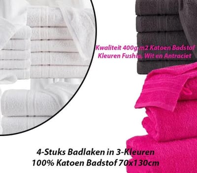 4-Stuks Badlaken in 100% Katoen Badstof 70x130cm Kleur Fushia / Roze