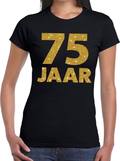 75 jaar goud glitter verjaardag t-shirt zwart dames - verjaardag / jubileum shirts XS