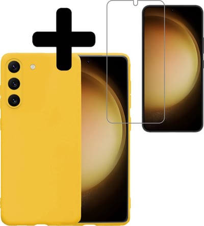 Hoesje - Met Screenprotector - Geschikt voor Samsung Galaxy S23 - Sterk & Shockproof - Back Cover - Siliconen Case - Telefoon Hoes - Telefoonhoesjes - Geel