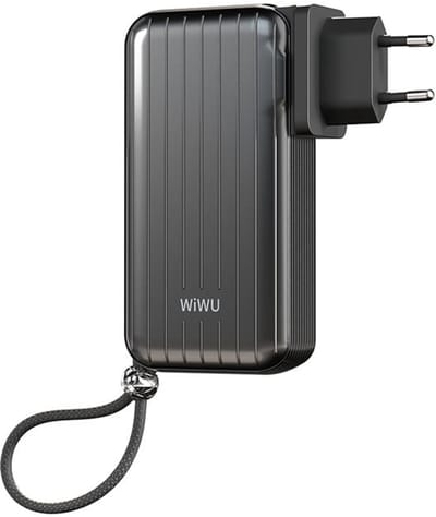 WiWU Powerbank 10000mAh 3-in-1 Type-C, Lightning kabel en Wereldstekker - Zwart