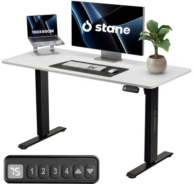 Stane Zit Sta Bureau Elektrisch Verstelbaar - Kabelgoot - 160 x 80 cm - Wit Blad, Zwart Frame