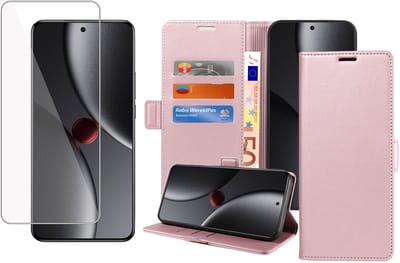 Book Case & Screenprotector geschikt voor Xiaomi 15 Ultra Hoesje Screenprotector - Gehard Glas Cover + Magnetische Sluiting - Portemonnee Rose
