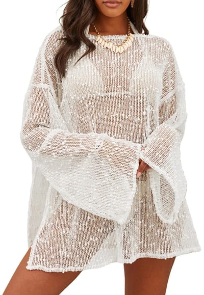 Geweo Strandjurkje - bikini cover up - Sexy Transparante Gehaakte Kaftan - Lange Mouwen Parelmoer Glitters - One Size - Wit