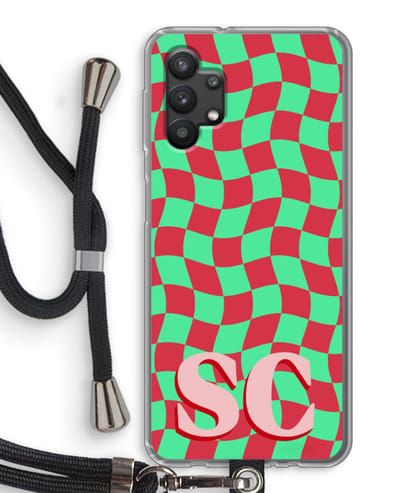 Gepersonaliseerd - Case Company® - Hoesje met koord geschikt voor Samsung Galaxy A32 5G hoesje met Koord - Grid Monogram - Telefoonhoesje met Zwart Koord - Bescherming aan alle Kanten en Over de Schermrand