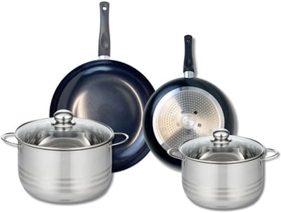 Set van 2 Koekenpannen 24 en 28 cm en 2 kookpotten 20 en 24 cm Elo Prima Glanzend